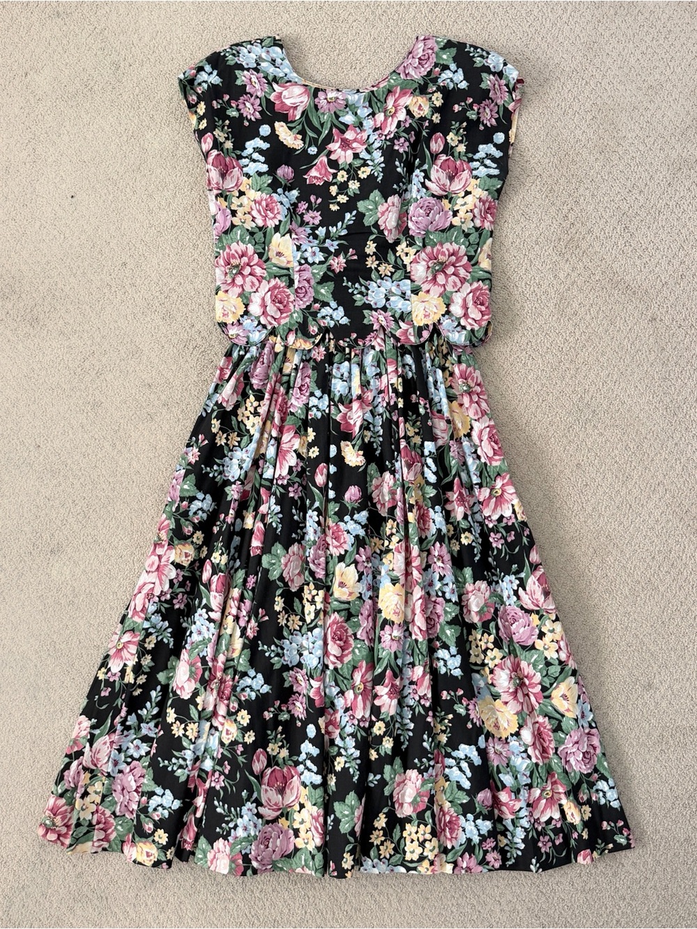 Vintage Robbie Bee Pink Floral Maxi Dress Scalloped Top Full Skirt w Bow Size 14